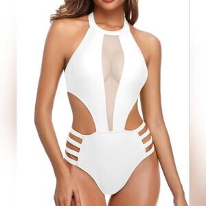 New White One Piece Swimsuit‎ Mesh Halter High Neck Sexy 210 Size S Small